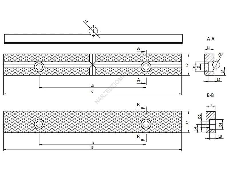 Rysunek techniczny: Szczęka do imadła WS 100L mm do typu: 1240,1250 do imadeł ślusarskich 2szt. - BISON-BIAL